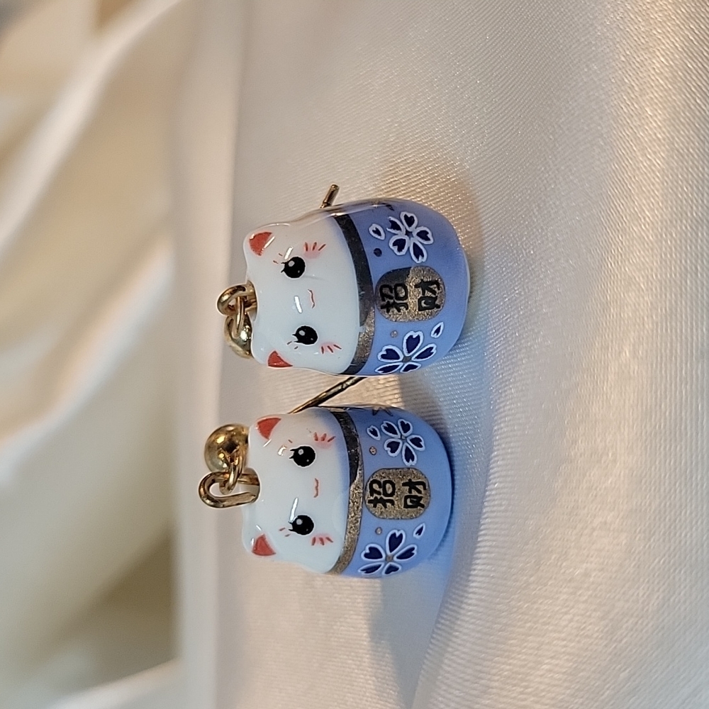 Happy Cat Chinese New Year Style Drop Earrings, blue